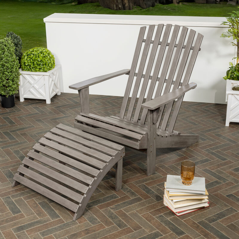 Saranac 2-Piece Traditional Rustic Acacia Wood Adirondack Chair with Detachable Ottoman