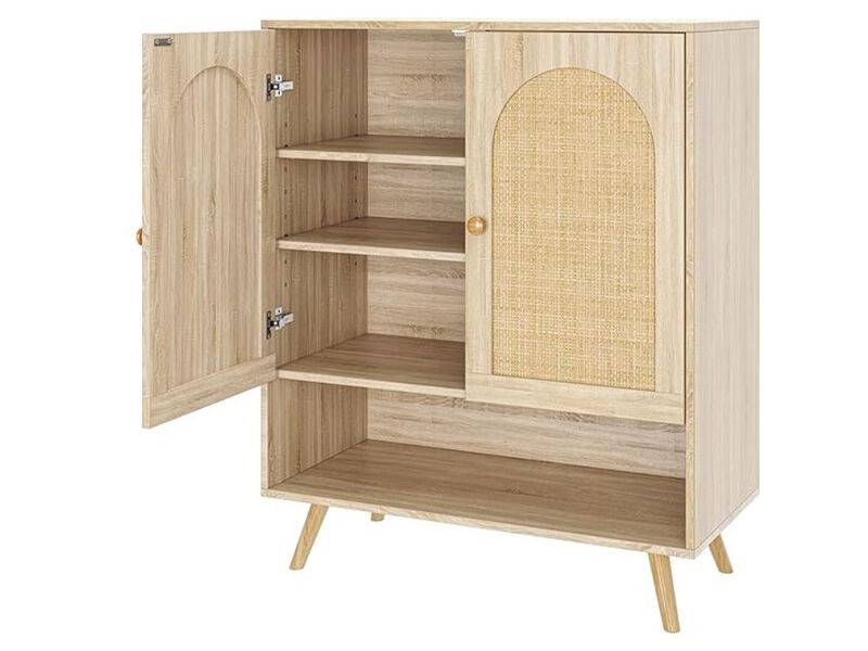 Entryway Wood Shoe Storage Cabinet Adjustable Shelves Oak Rattan image number 0