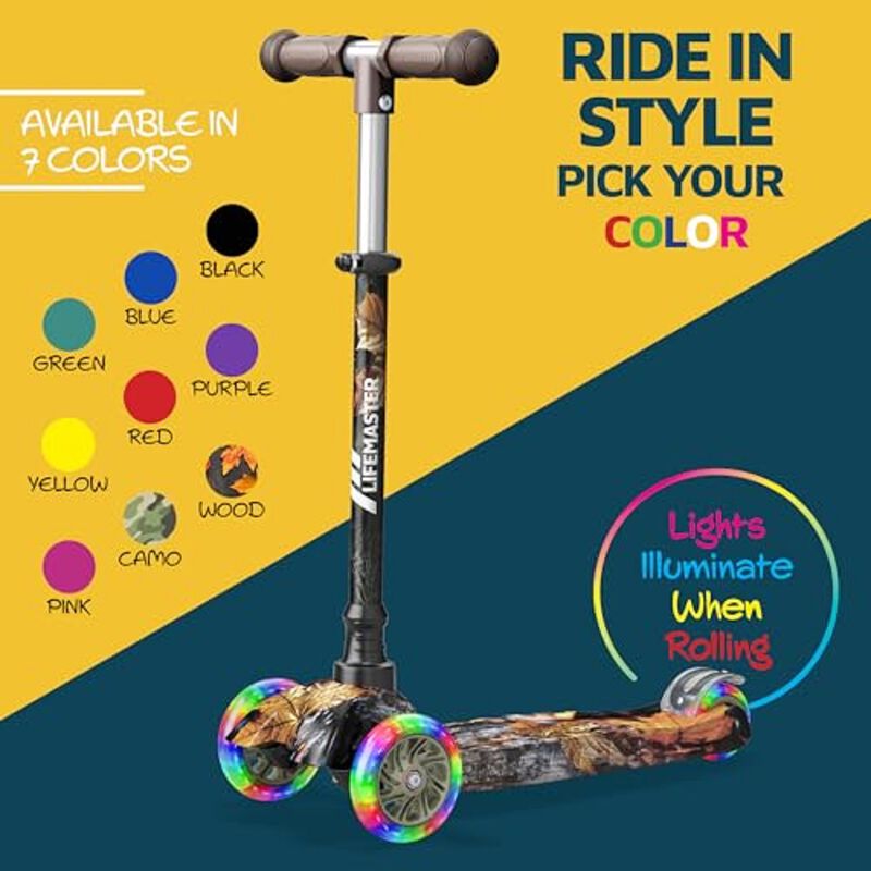 Lifemaster Mini 3-Wheel Kids Scooter with Multi-Color Wheel Lights &ndash; 4-Height Adjustable Handlebar, Wide Anti-Slip Deck, Child Safety Certified, Boys & Girls Ages 2+ Supports Up to 110 lbs, Real Tree image number 7