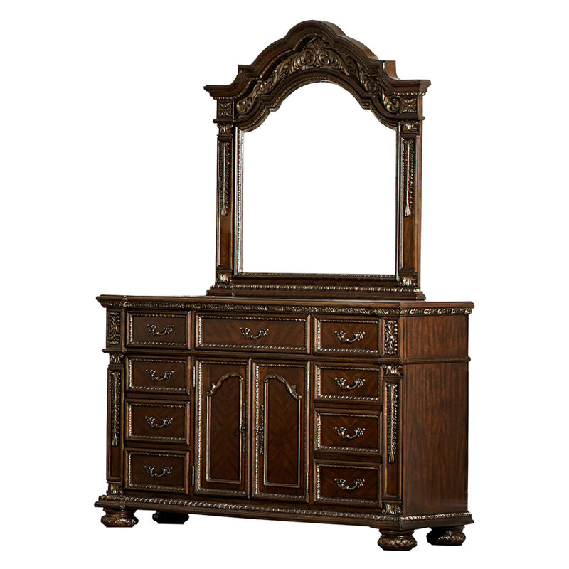 Lumi Four Pc Queen Bedroom Set, Gold Scrollwork, Acanthus Leaf Carving, Cherry Brown - Benzara