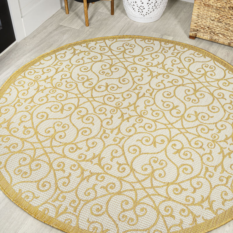 Madrid Vintage Filigree Textured Weave Round Indoor/Outdoor Area Rug