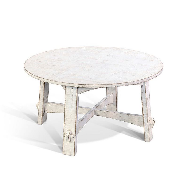 Rena Rustic Coffee Table, 36 Inch Round Top, Distressed White Wood image number 0