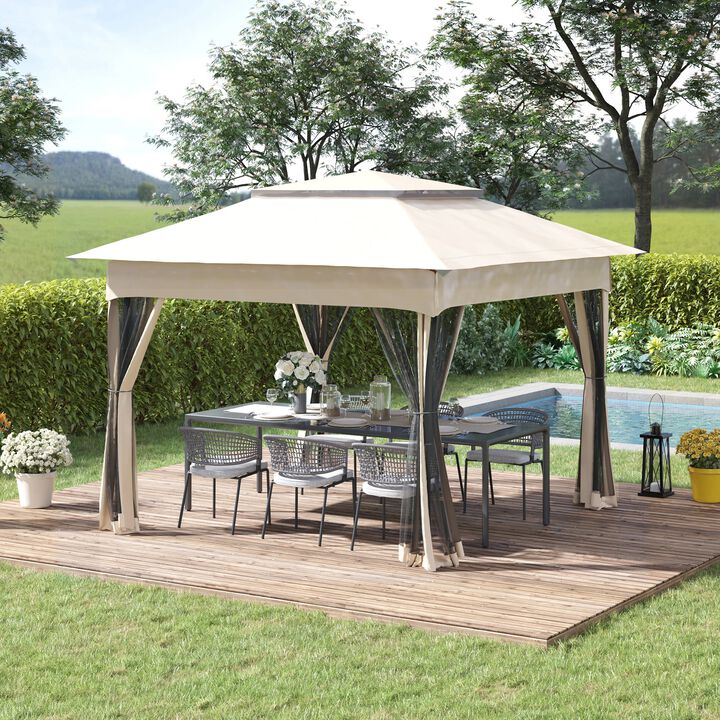 11' x 11' Pop Up Gazebo Outdoor Canopy Shelter with 2-Tier Soft Top, Removable Zipper Netting, Large Shade and Storage Bag for Patio, Beige