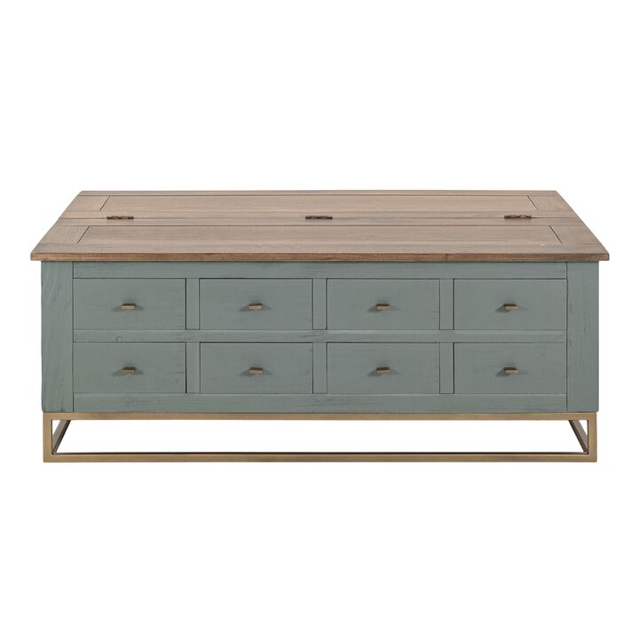 Timmy Cocktail Coffee Table, 8 Drawers, Sage Green Pine, 50 Inch