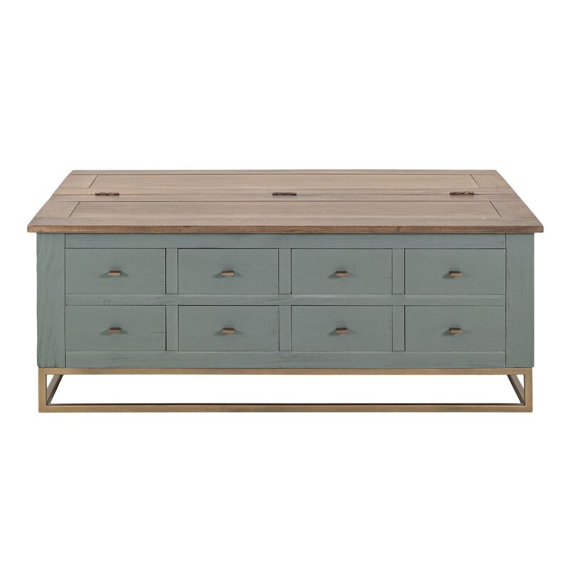 Timmy Cocktail Coffee Table, 8 Drawers, Sage Green Pine, 50 Inch