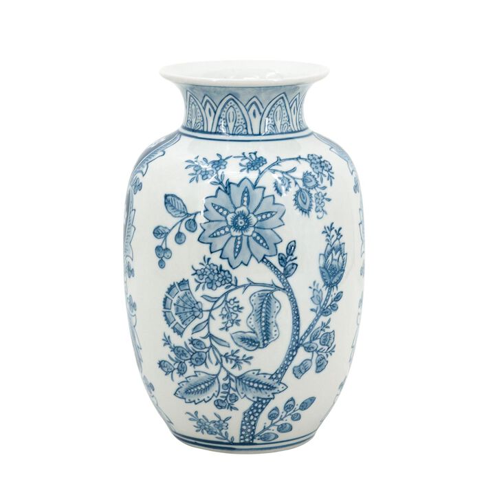 HomeRoots 9" Light Blue And White Floral Round Porcelain Jar