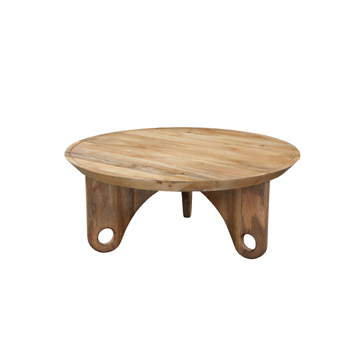 36 Inch Round Coffee Table, Handcrafted Grooved Edge Top, Natural Brown Mango Wood - Benzara