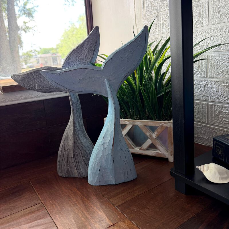 Wood Whale Tail Statues Set Of 2 Coastal Blue Gray 1575 In Decor image number 7