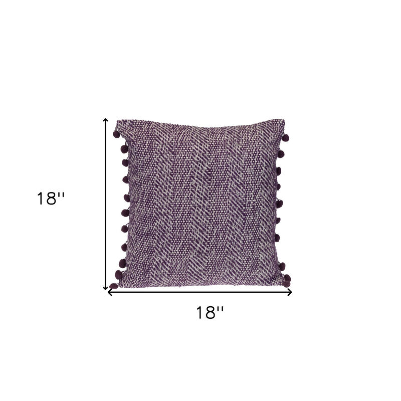 HomeRoots 18" Purple and White Weave Cotton Throw Pillow With Pom Poms image number 4