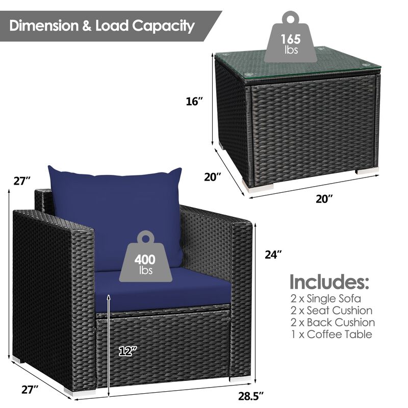 Hivvago 3 Pieces Patio Wicker Conversation Set with Cushion. image number 2