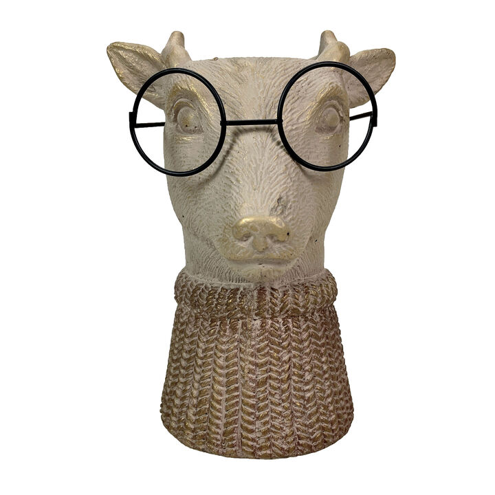 Bespectacled Deer Cement Vase 8.7" Gold Accents Knit Scarf Real Wire Glasses