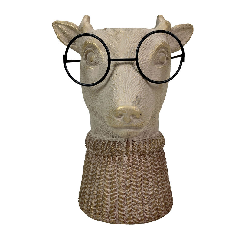 Bespectacled Deer Cement Vase 8.7" Gold Accents Knit Scarf Real Wire Glasses image number 1