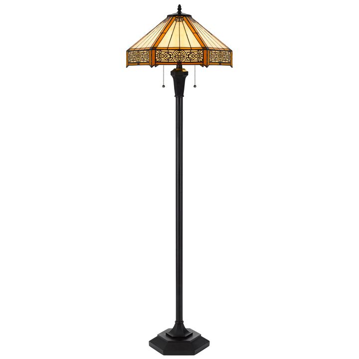 Eli 60 Inch Floor Lamp, Hexagonal Tiffany Style Shade, Dual Light, Bronze-Benzara