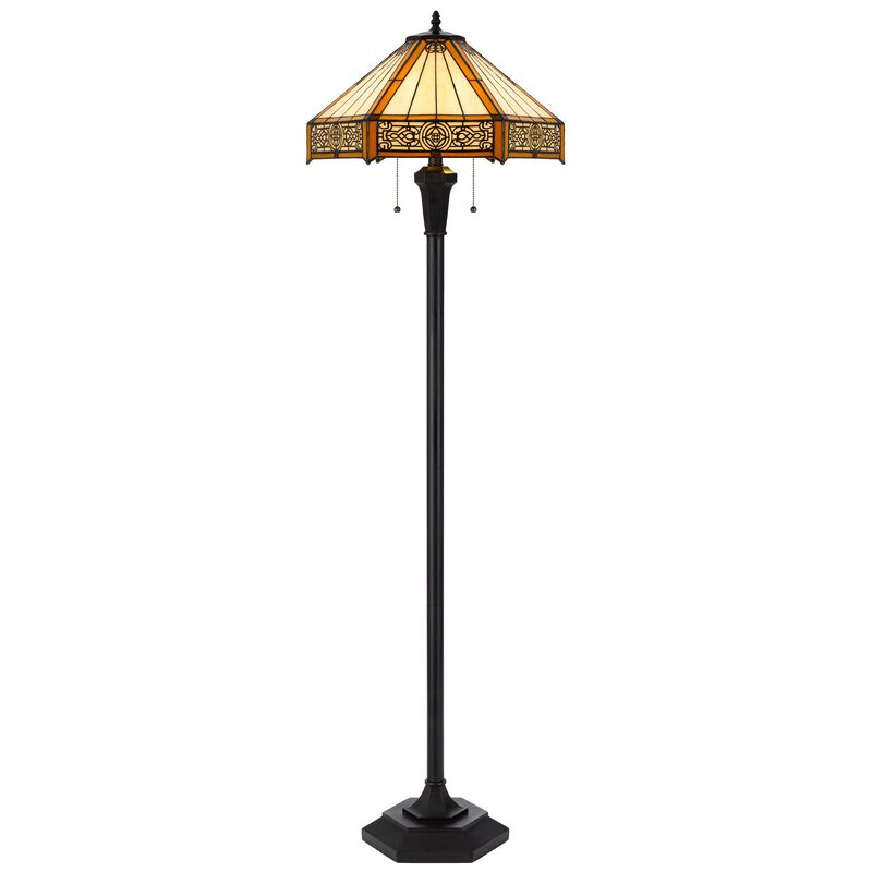 Eli 60 Inch Floor Lamp, Hexagonal Tiffany Style Shade, Dual Light, Bronze - Benzara