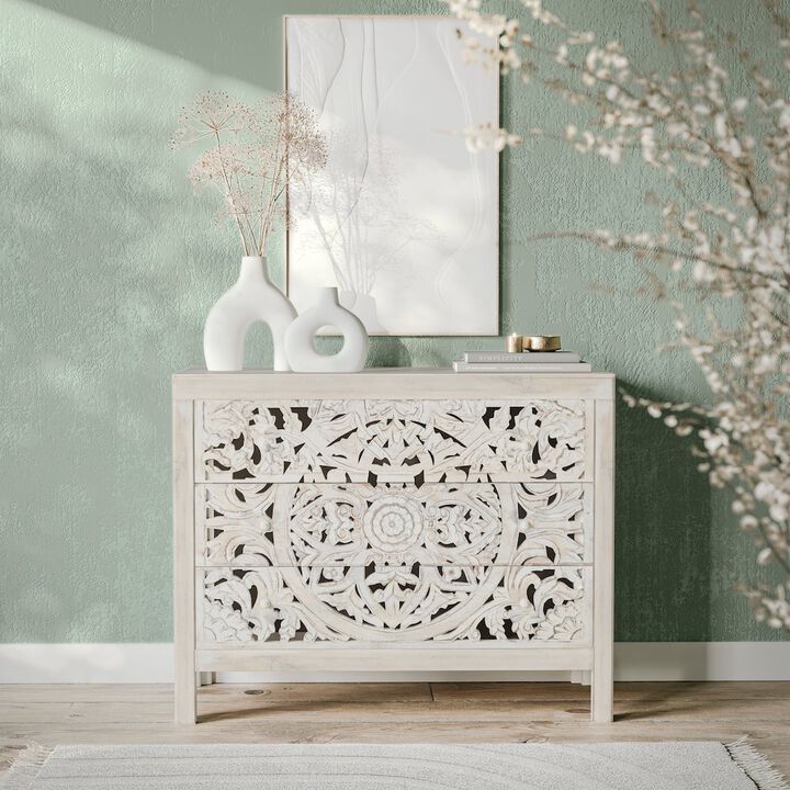 Jofran Jolie Rustic Solid Wood Global Boho Hand Carved Accent Chest with Three Drawers