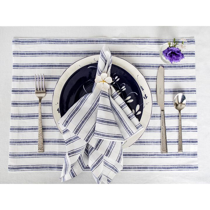 Solino Home 100% Pure Linen Placemats 14 x 19 Inch Set of 4 - Capri Ticking Stripe