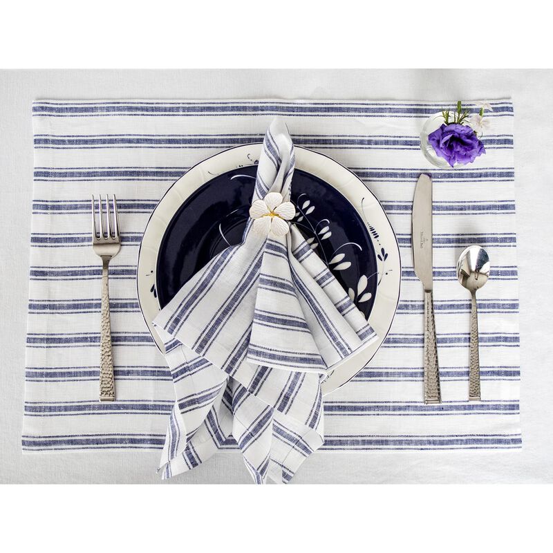 Solino Home 100% Pure Linen Placemats 14 x 19 Inch Set of 4 - Capri Ticking Stripe