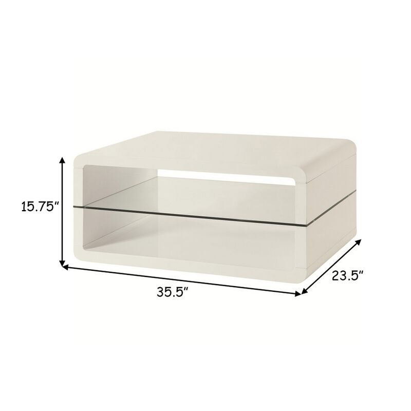 Modern Coffee Table With Rounded Corners & Clear Tempered Glass Shelf, White-Benzara