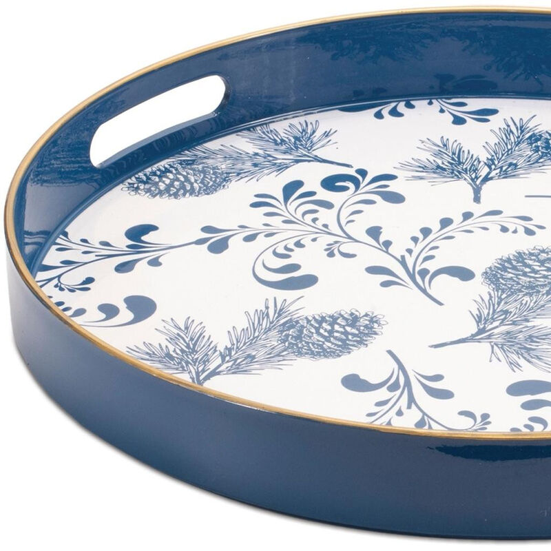 HomeRoots 14" Blue White And Gold Pinecone Round Serving Tray image number 2