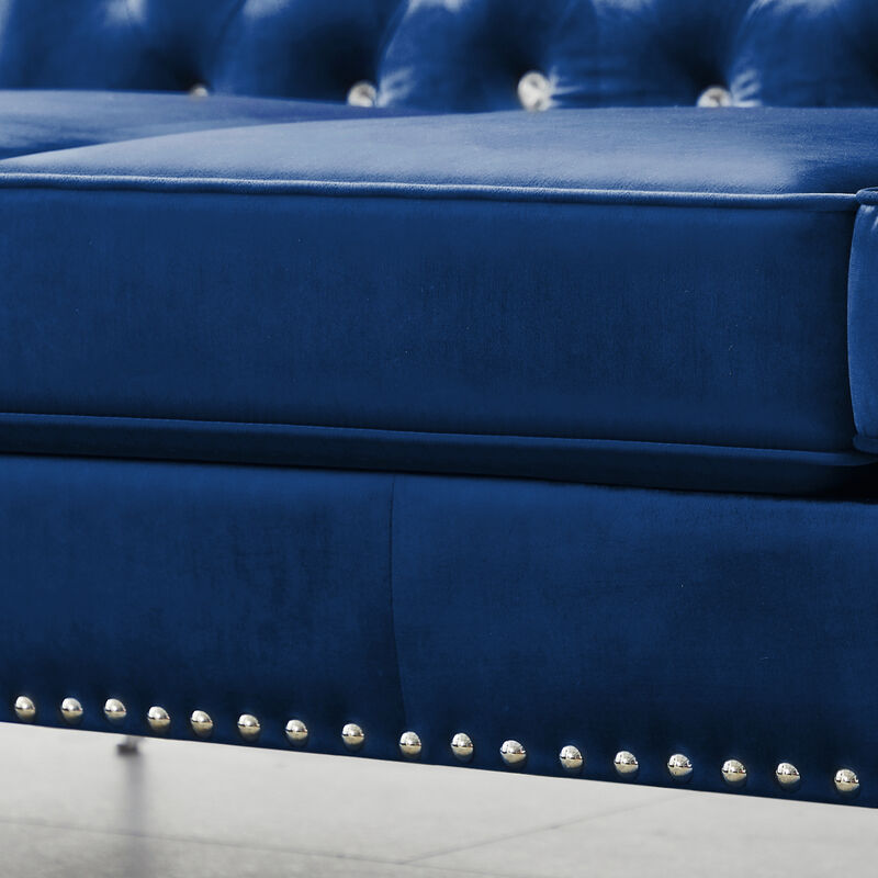 59.4 Inch Wide Blue Velvet Sofa with Jeweled buttons, Square Arm, 2 Pillows