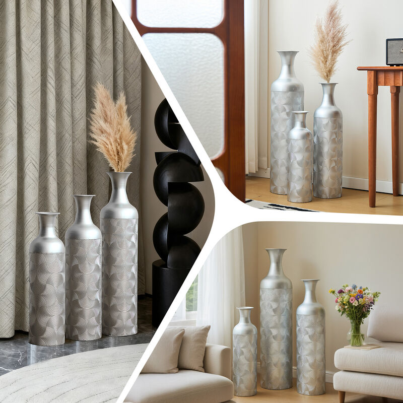Pobzib 3-Piece Silver Metal Tall Cylinder Vase Set image number 2