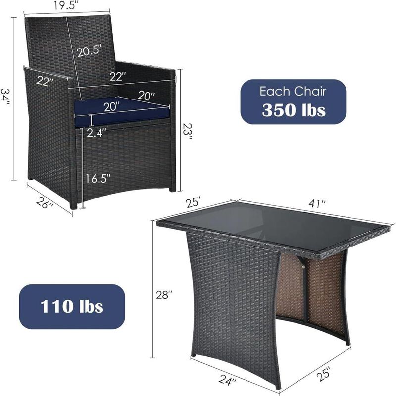 Hivvago 3-Piece Patio Furniture Outdoor Dining Set Brown PE Rattan Navy Blue Cushions