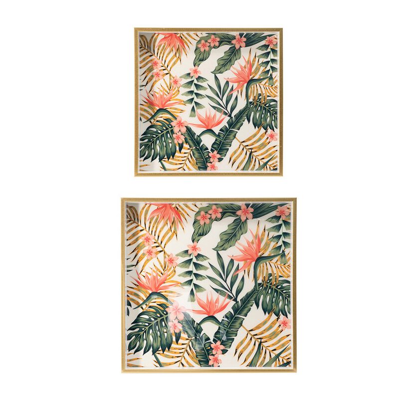 Set of 2 Decorative Trays, Crisp White MDF, Floral Printed PVC, Pink, Green - Benzara