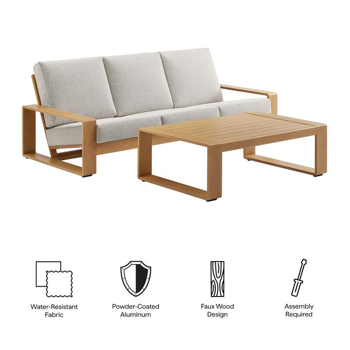 Modway Lirienne Aluminum Faux Wood 2-Piece Backyard Furniture Set in Ivory Natural &ndash; Patio Conversation Set with 3 Seater Sofa & Coffee Table