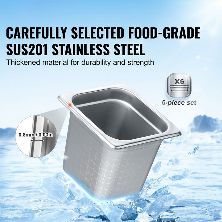 VEVOR 6 Pack 1/6 Size Hotel Pans Steam Table Pan Stainless Steel 6" Deep