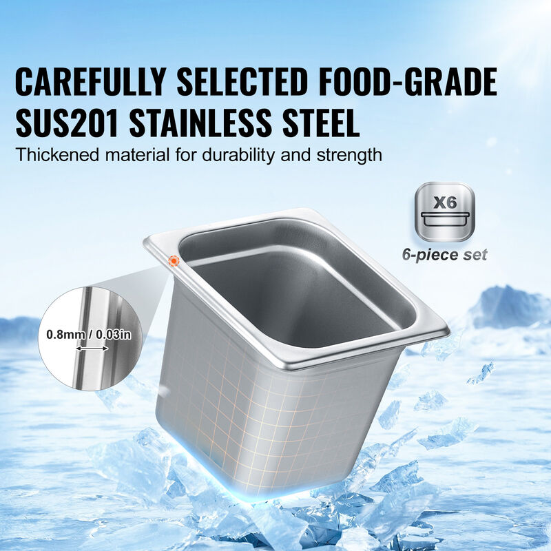 VEVOR 6 Pack 1/6 Size Hotel Pans Steam Table Pan Stainless Steel 6" Deep