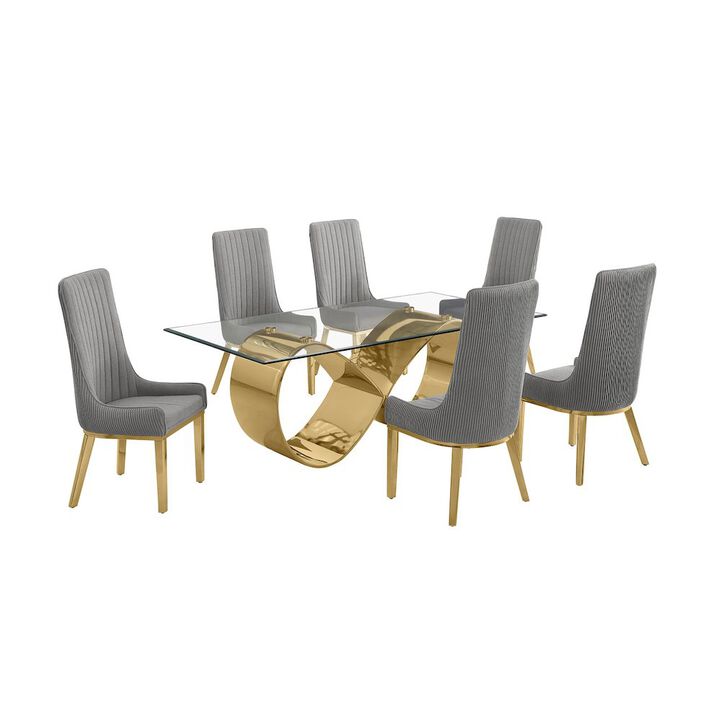 Best Quality Furniture 7Pc Tempered Glass Dining Set 6 Rich Gray Boucle Side Chairs And A Gold Base