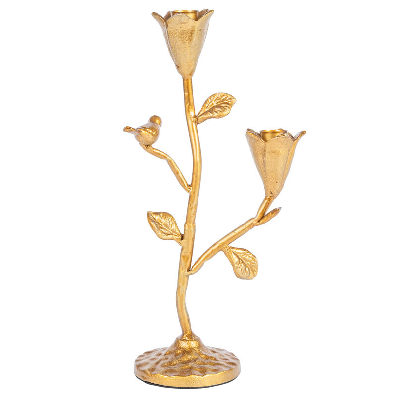 Tall Hand-Forged Cast Iron Candelabra with Flowers and Bird, Gold image number 3