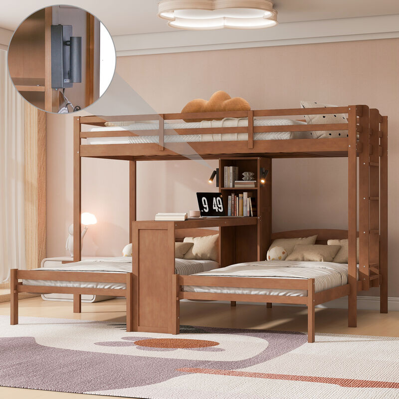 Merax Twin over Twin&Twin Bunk Bed with Built-in Desk and Storage Shelves image number 1