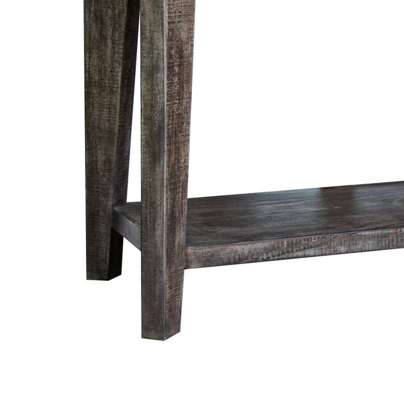 Noa 50 Inch Sofa Console Table, Solid Pine Wood, Distressed Brown, 1 Shelf-Benzara image number 4