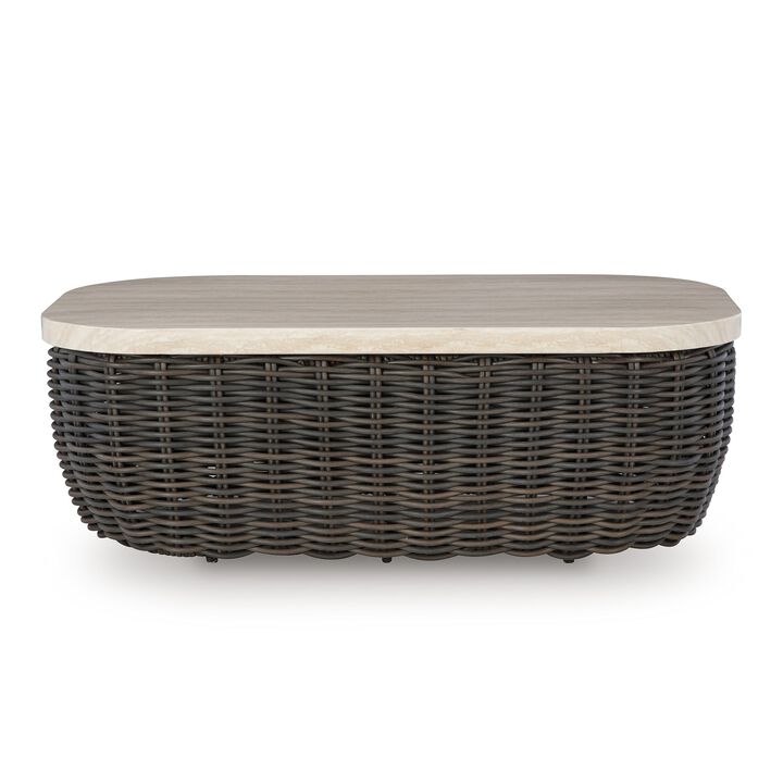 Kimo Outdoor Cocktail Coffee Table, Brown Wicker Details, 50 Inch - Benzara
