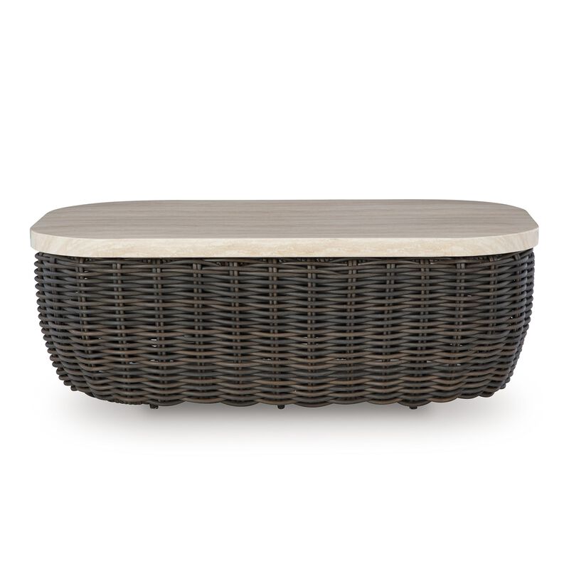 Kimo Outdoor Cocktail Coffee Table, Brown Wicker Details, 50 Inch - Benzara