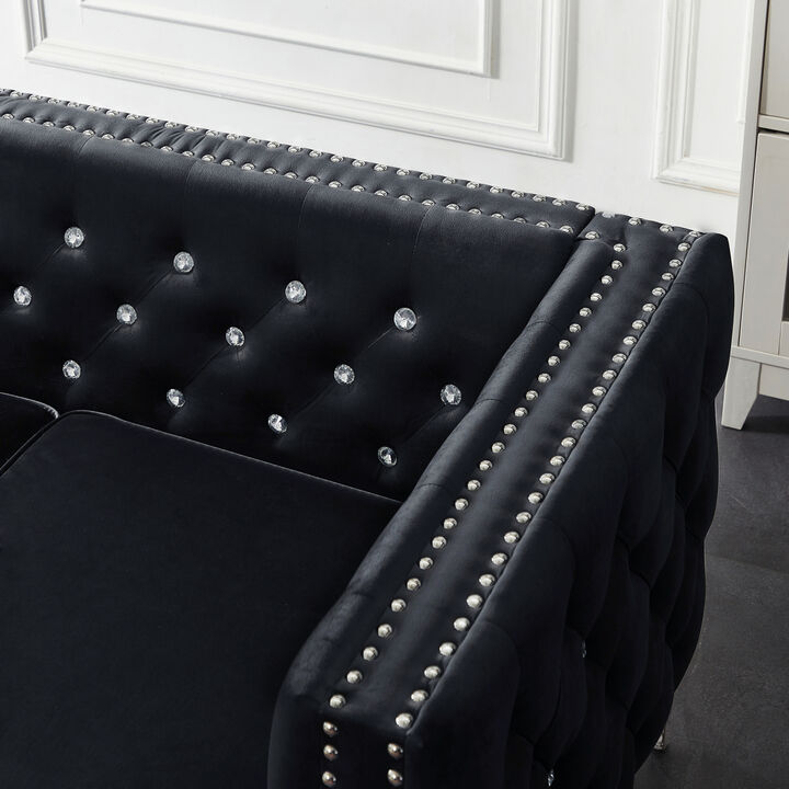 59.4 Inch Wide Black Velvet Sofa with Jeweled buttons, Square Arm, 2 Pillows