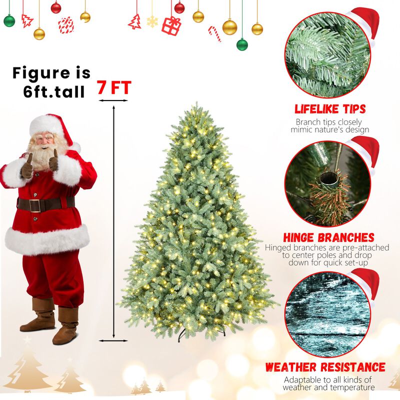 7 ft. Blue Green Pre Lit Christmas Tree with 700 Warm White LED Lights 2518 Tips PE PVC Hinged Branches Metal Stand