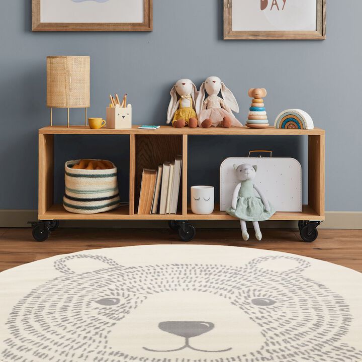 Novelle Home Functional Kids Grey White Teddy Bear Rug, 5'3 x 5'3 Round, 5'3 x 5'3