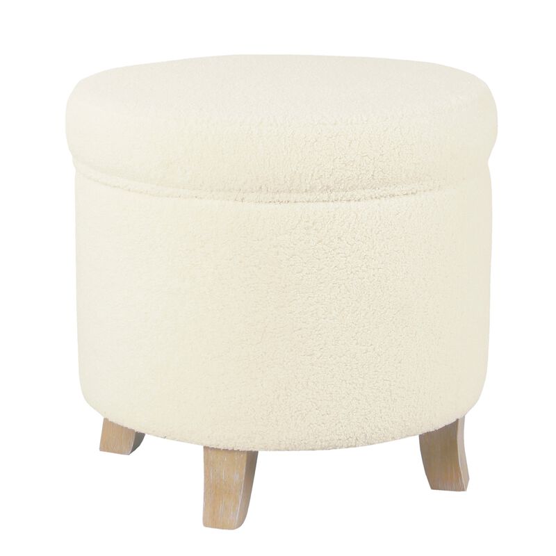 Loni Round Storage Ottoman, 19 Inch Beige Faux Sheepskin, Wood Legs image number 0