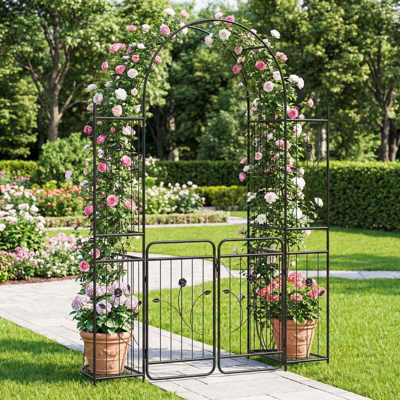 Garden Arch Trellis with Gate and Planter Shelves for Backyard-Black image number 1