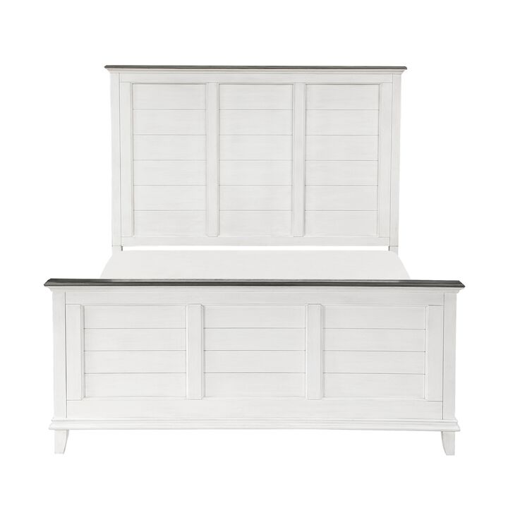 Woki Queen Size Bed, Solid Wood Panel Design, Farmhouse White and Brown