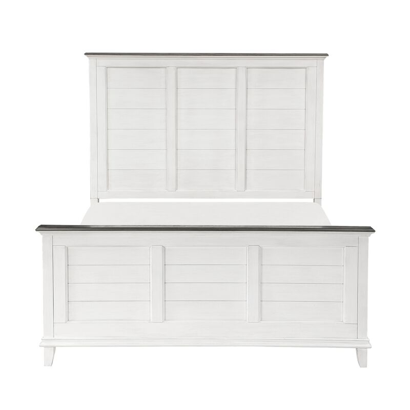 Woki Queen Size Bed, Solid Wood Panel Design, Farmhouse White and Brown