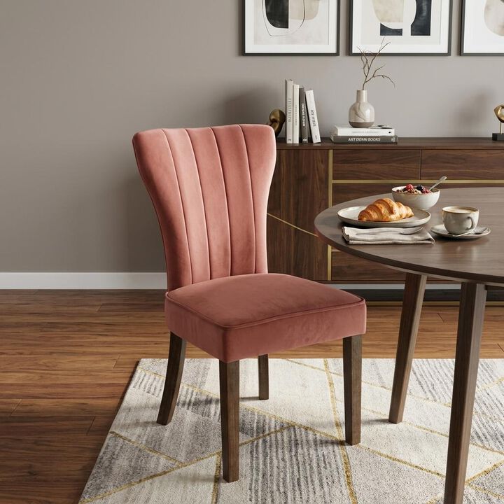 HomeRoots Set of Two Blush and Brown Upholstered Velvet Dining Parsons Chairs