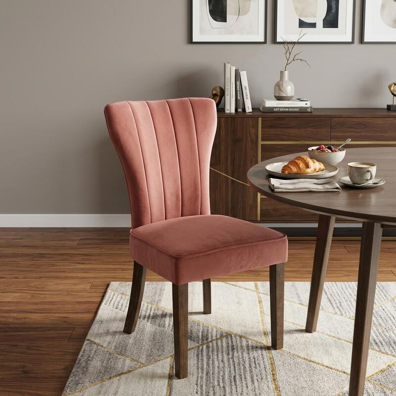 HomeRoots Set of Two Blush and Brown Upholstered Velvet Dining Parsons Chairs image number 1