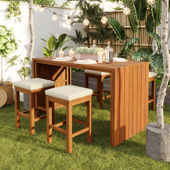 Merax Outdoor Bar Set with Acacia Wood Frame, 4 High-Density Cushioned Stools