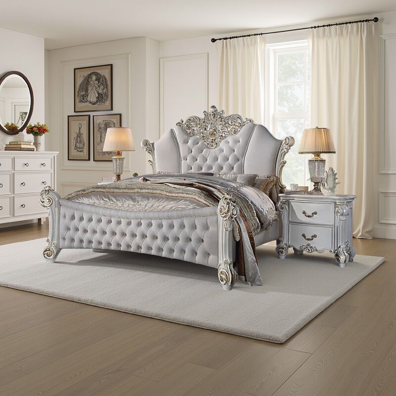 Antoine King Size Bed, Ivory Faux Leather Victorian Carved Pearl White - Benzara