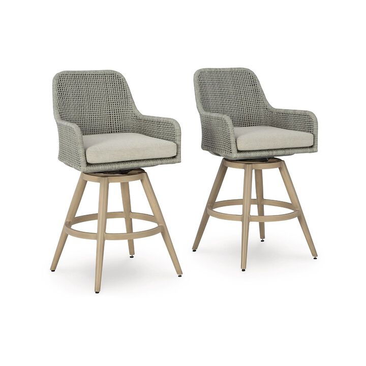 Yami Swivel Barstool Set of 2, Gray Cushions and Wicker Woven Back