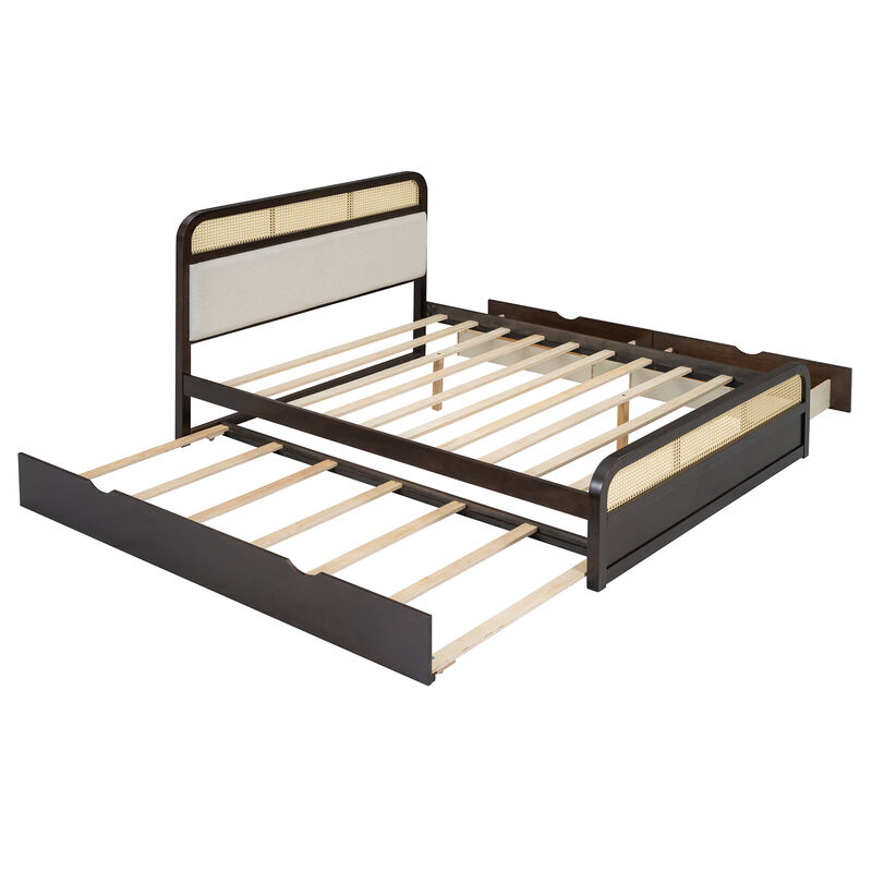 Whisen Queen Size Wooden Platform Bed with Trundle and 2 Drawers - Espresso