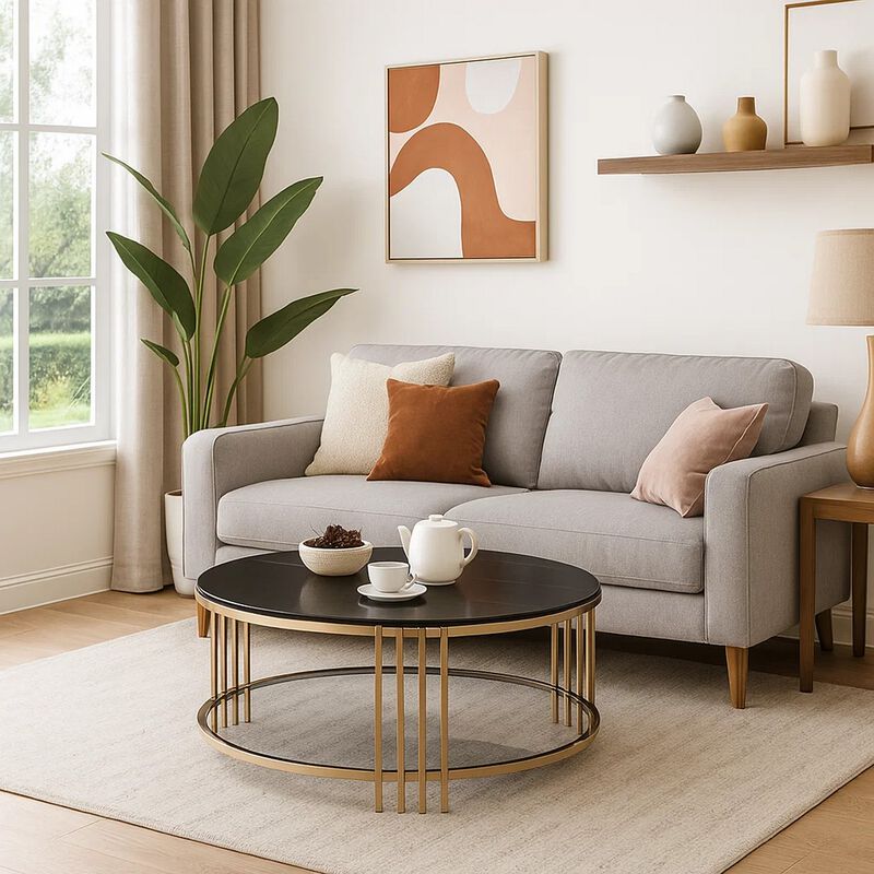 Abio Coffee Table, 35 Inch, Round Sintered Stone Top, Black and Gold